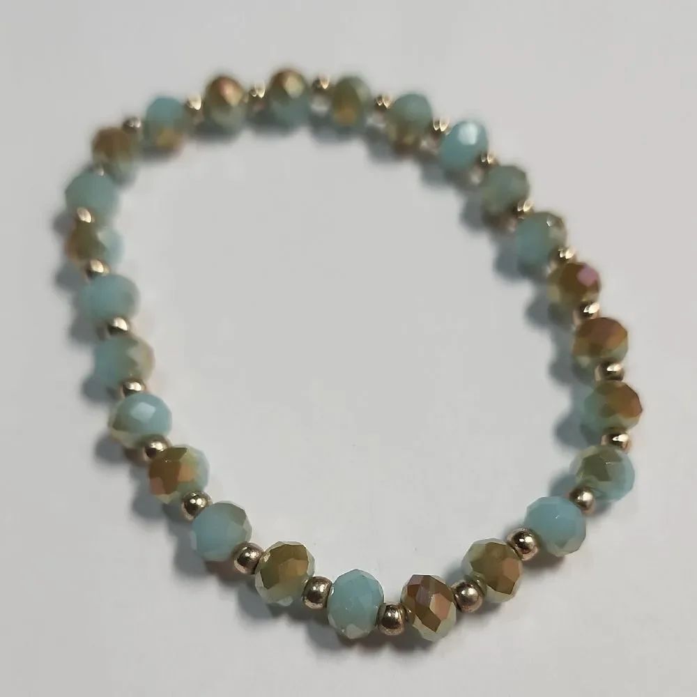 Elegant Gold and Blue Beaded Stretch Bracelet Size 6